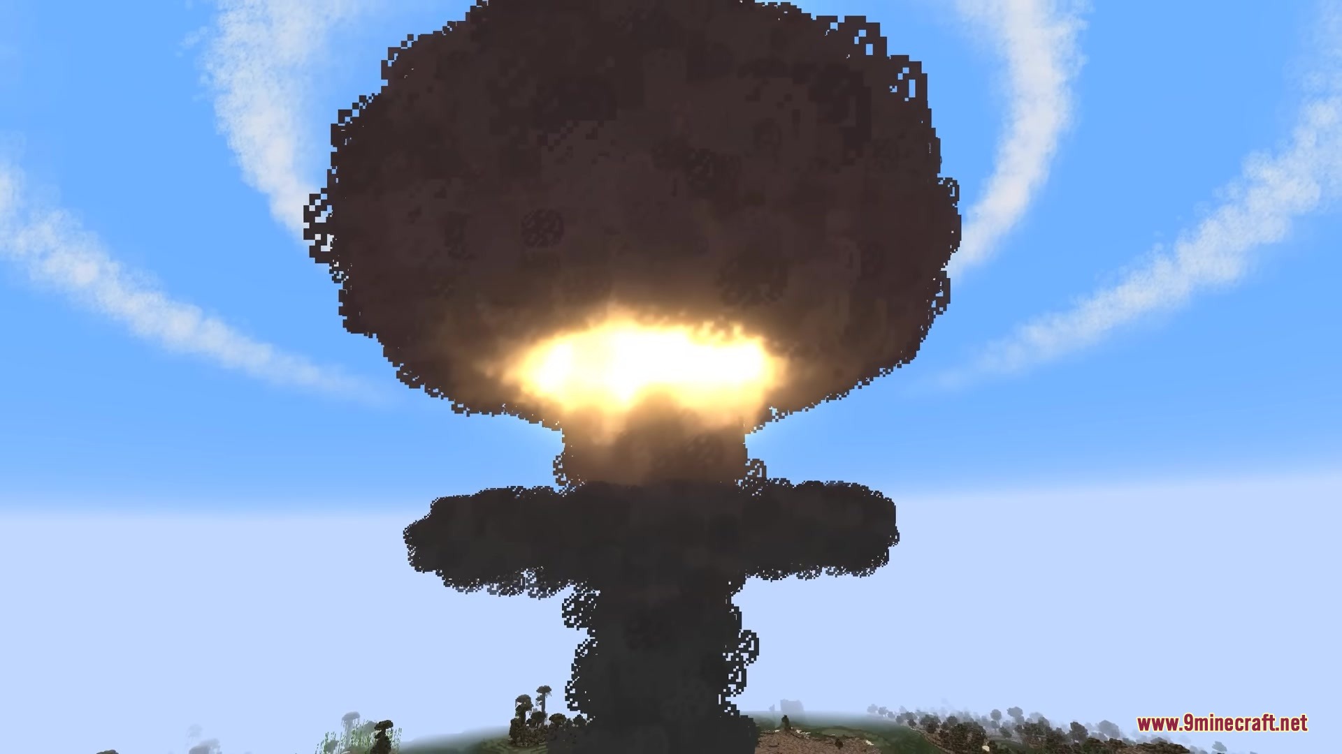 WMD Weapons of Mass Destruction Mod Screenshot 3 A massive nuclear mushroom cloud explosion rising into the blue Minecraft sky