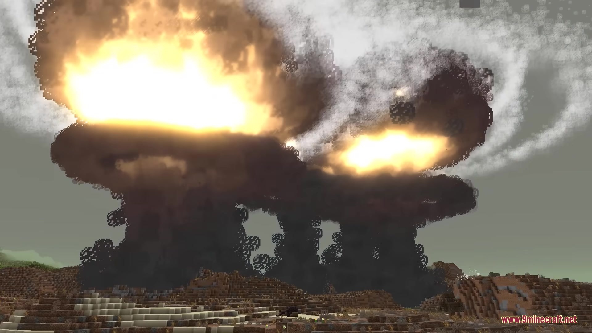 WMD Weapons of Mass Destruction Mod Screenshot 4 Multiple nuclear explosions creating massive mushroom clouds over a hilly Minecraft terrain