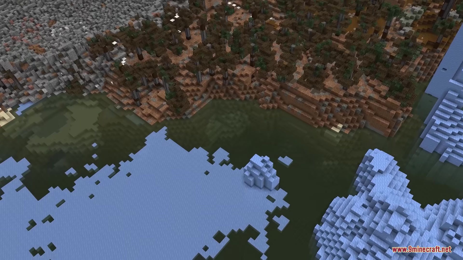 WMD Weapons of Mass Destruction Mod Screenshot 6 Aerial view of a nuclear wasteland biome bordering a snowy landscape