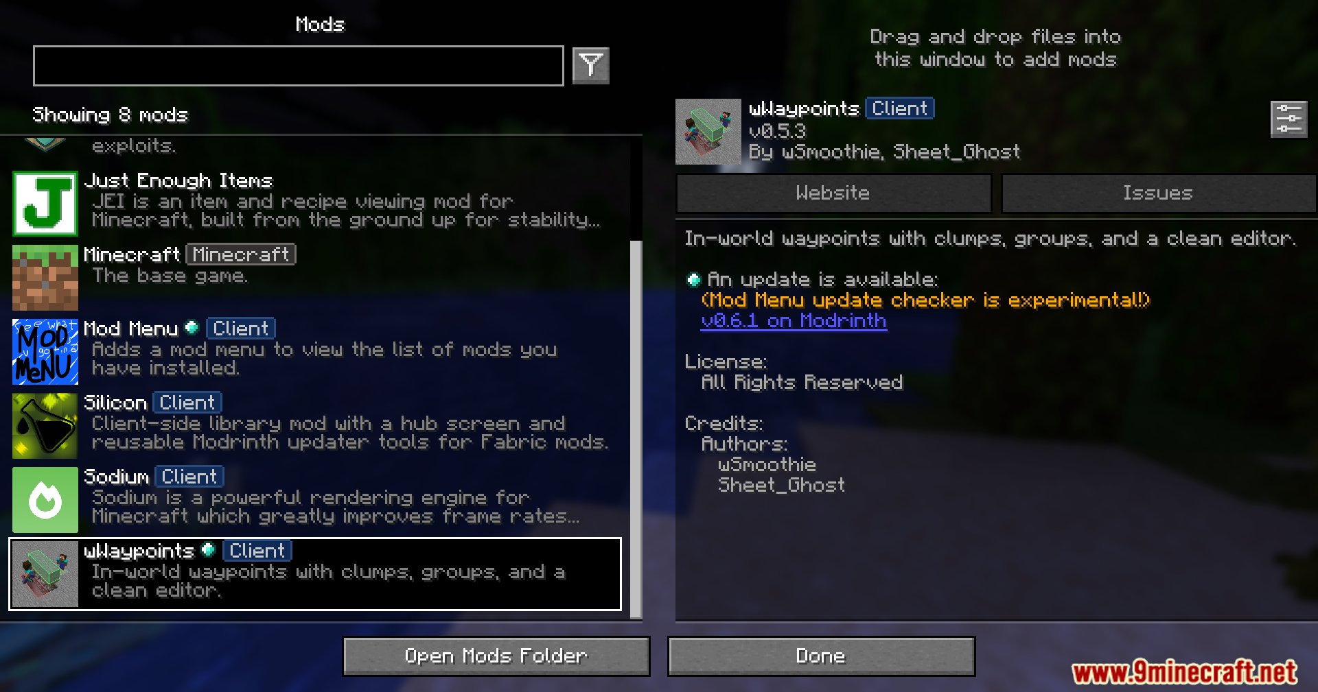 WWaypoints Mod Screenshot 1 Minecraft mod list screen showing WWaypoints and other installed client side mods