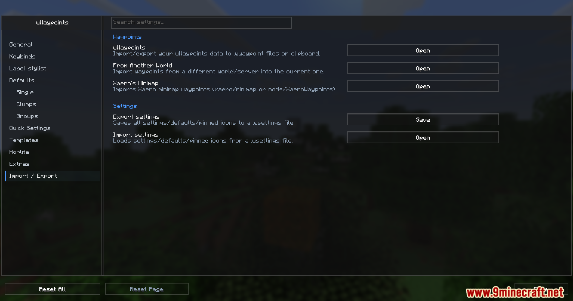 WWaypoints Mod Screenshot 10 A menu screen for importing and exporting waypoint data and mod settings
