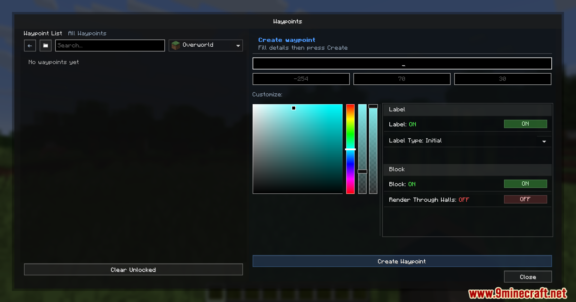WWaypoints Mod Screenshot 2 A detailed waypoint creation interface with color picker and coordinate input fields