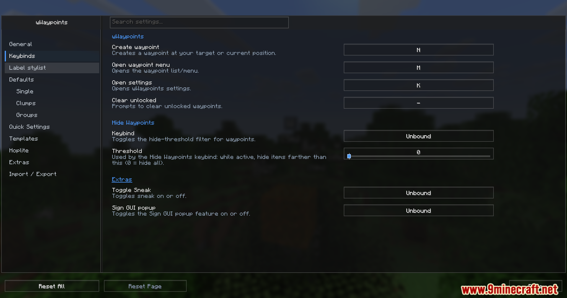 WWaypoints Mod Screenshot 7 Configuration screen for setting up keyboard shortcuts in the wWaypoints mod