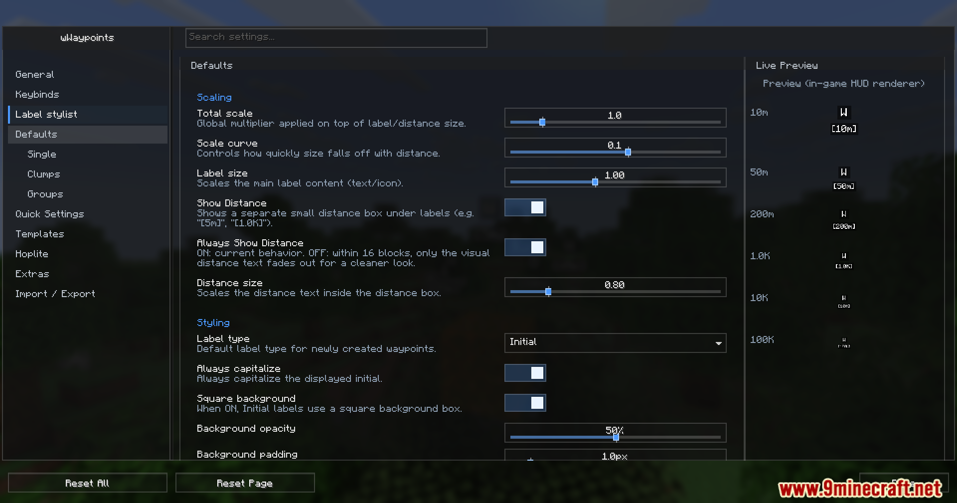 WWaypoints Mod Screenshot 8 Settings menu for customizing the appearance and scaling of waypoint labels