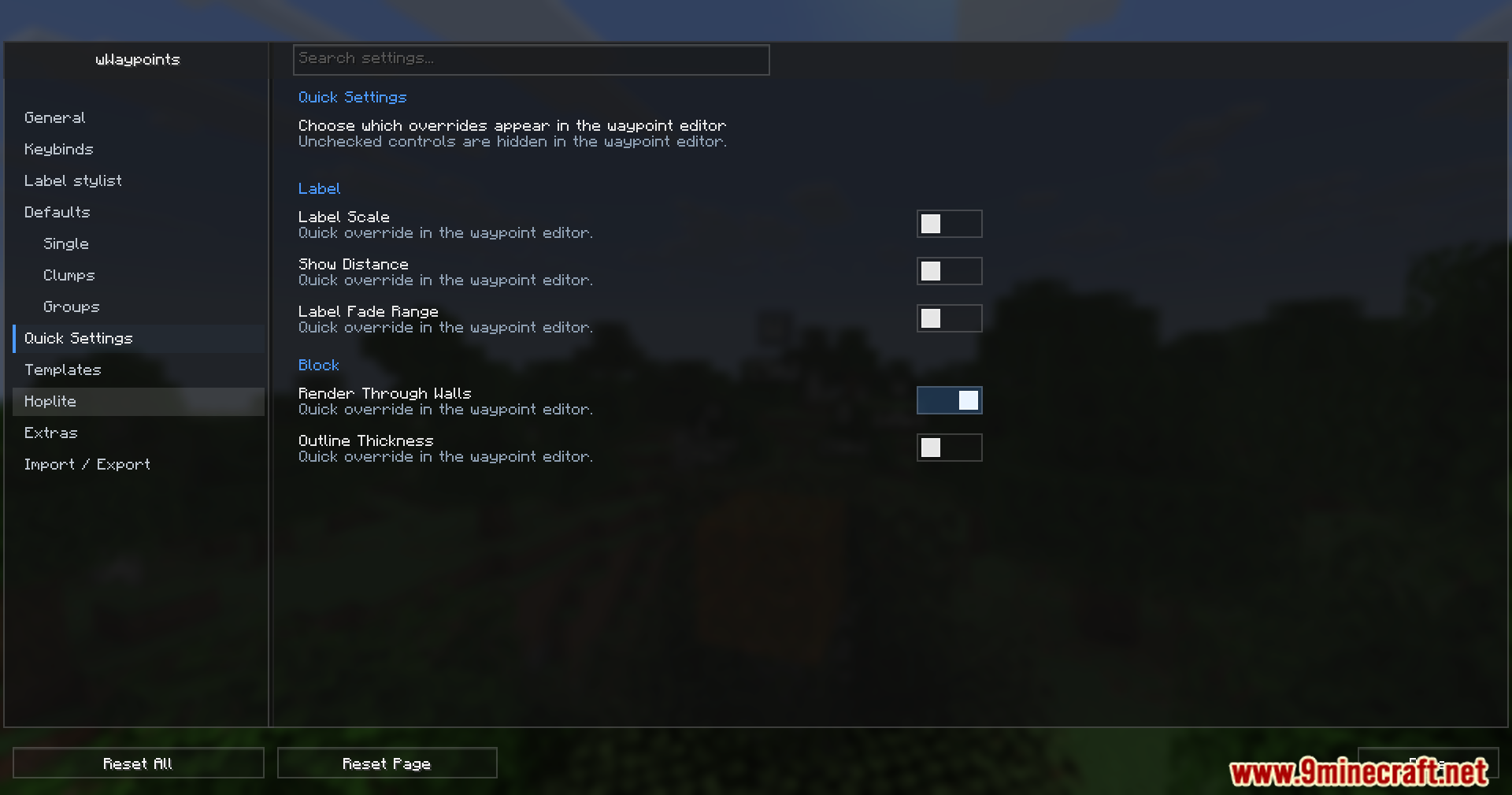 WWaypoints Mod Screenshot 9 Minecraft mod interface displaying quick settings for waypoint labels and block rendering