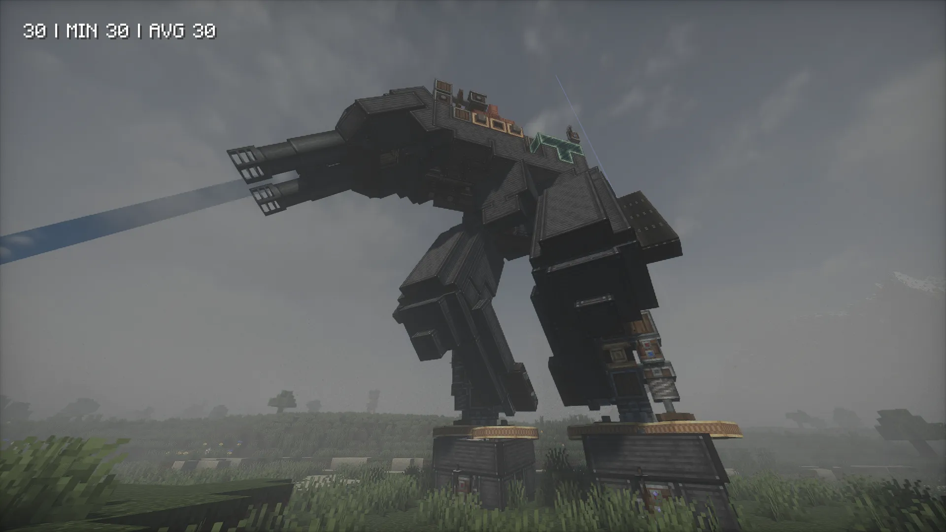 Walking Tank Schematic Screenshots 1 A giant Walking Tank Schematic build firing a blue beam in Minecraft