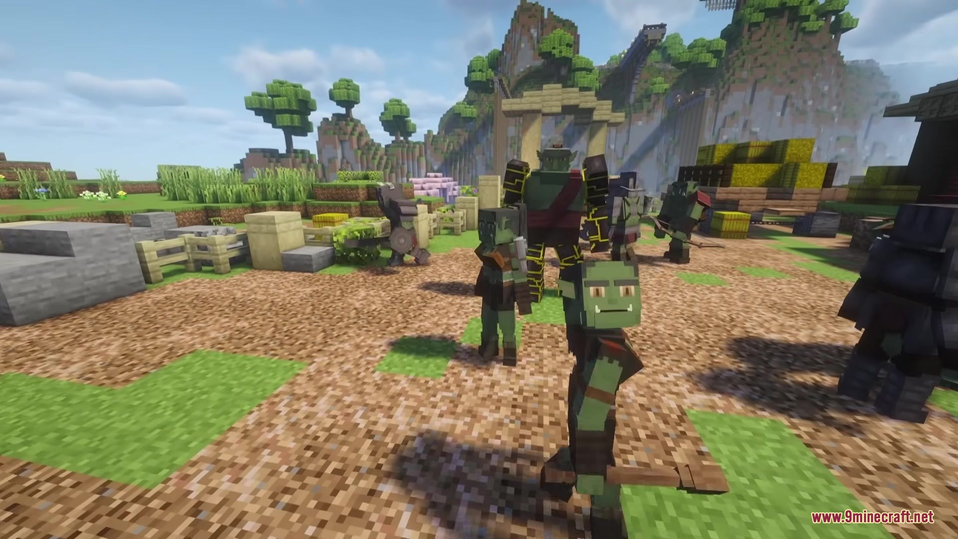Wandering Orc Mod Screenshot 1 A large armored orc leads a group of creatures in a Minecraft field