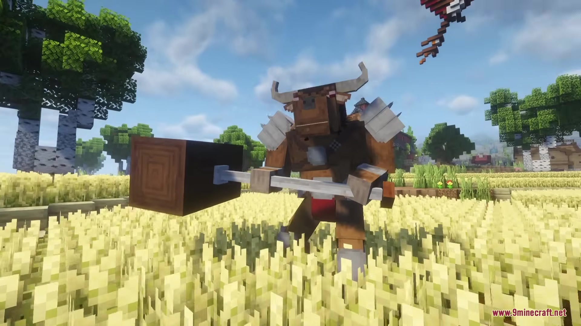 Wandering Orc Mod Screenshot 10 A large brown minotaur stands in a wheat field holding a giant hammer