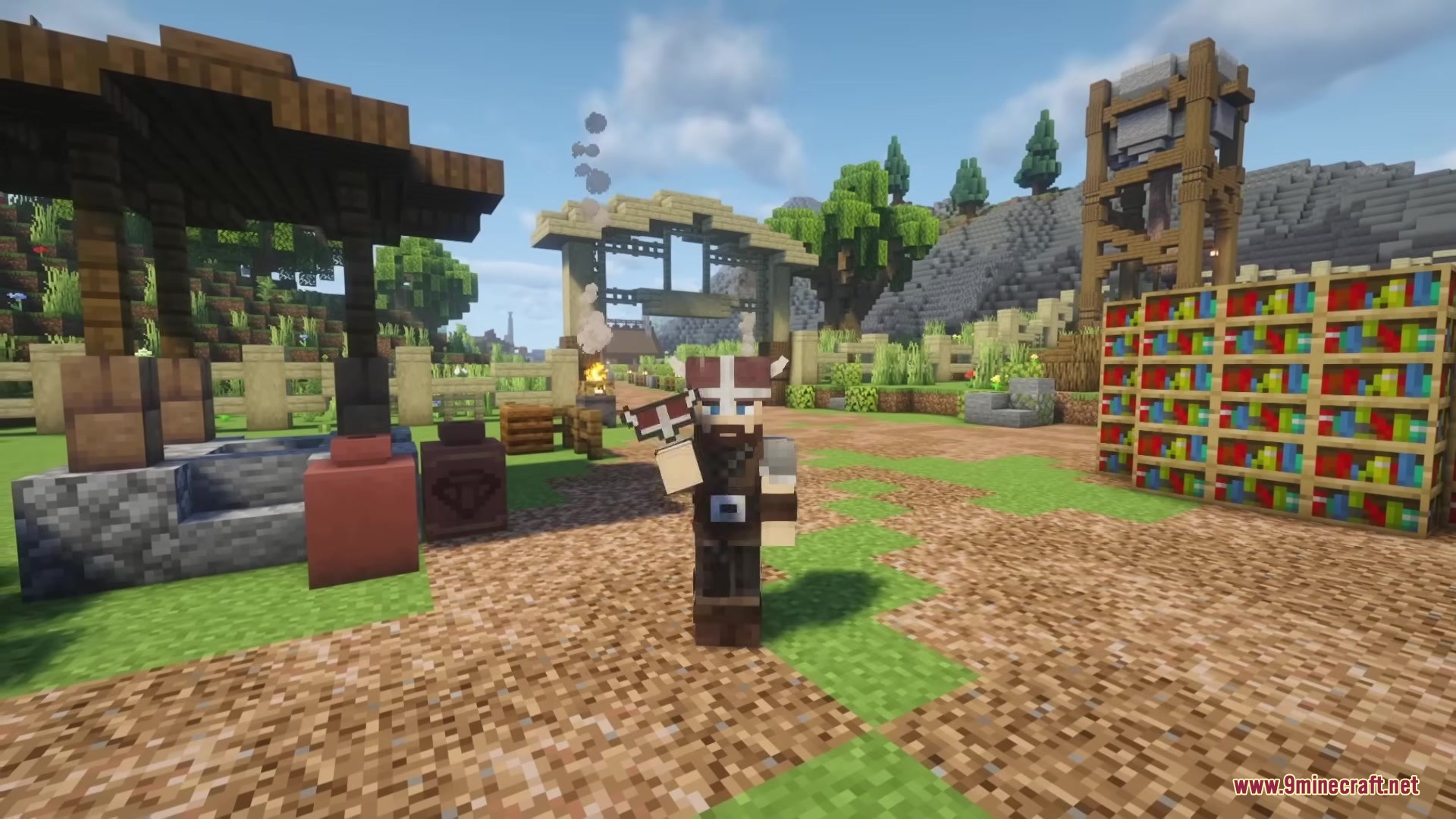 Wandering Orc Mod Screenshot 11 A player character wearing viking armor stands in a village near bookshelves