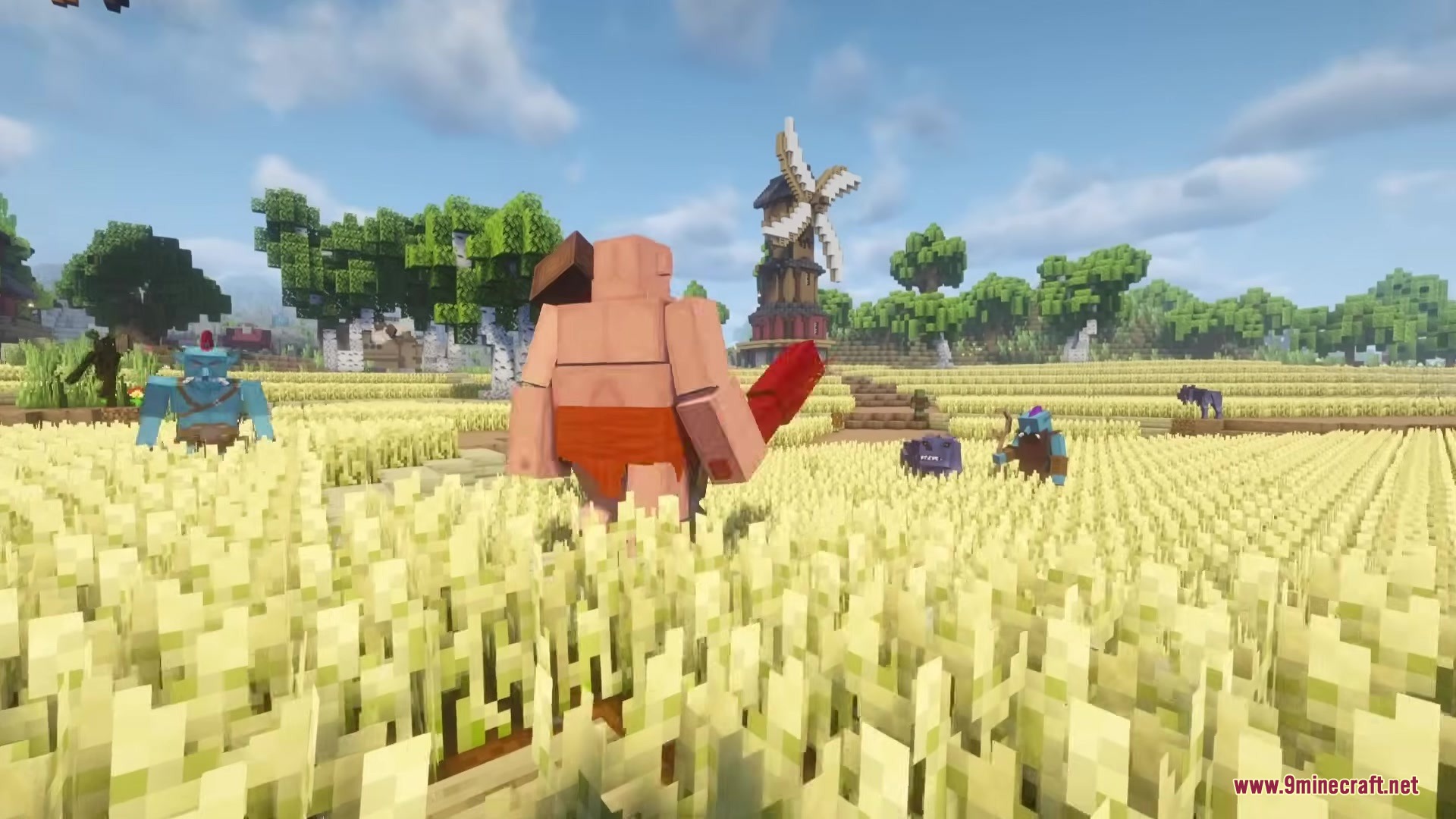 Wandering Orc Mod Screenshot 13 A giant ogre and a blue orc stand in a golden wheat field