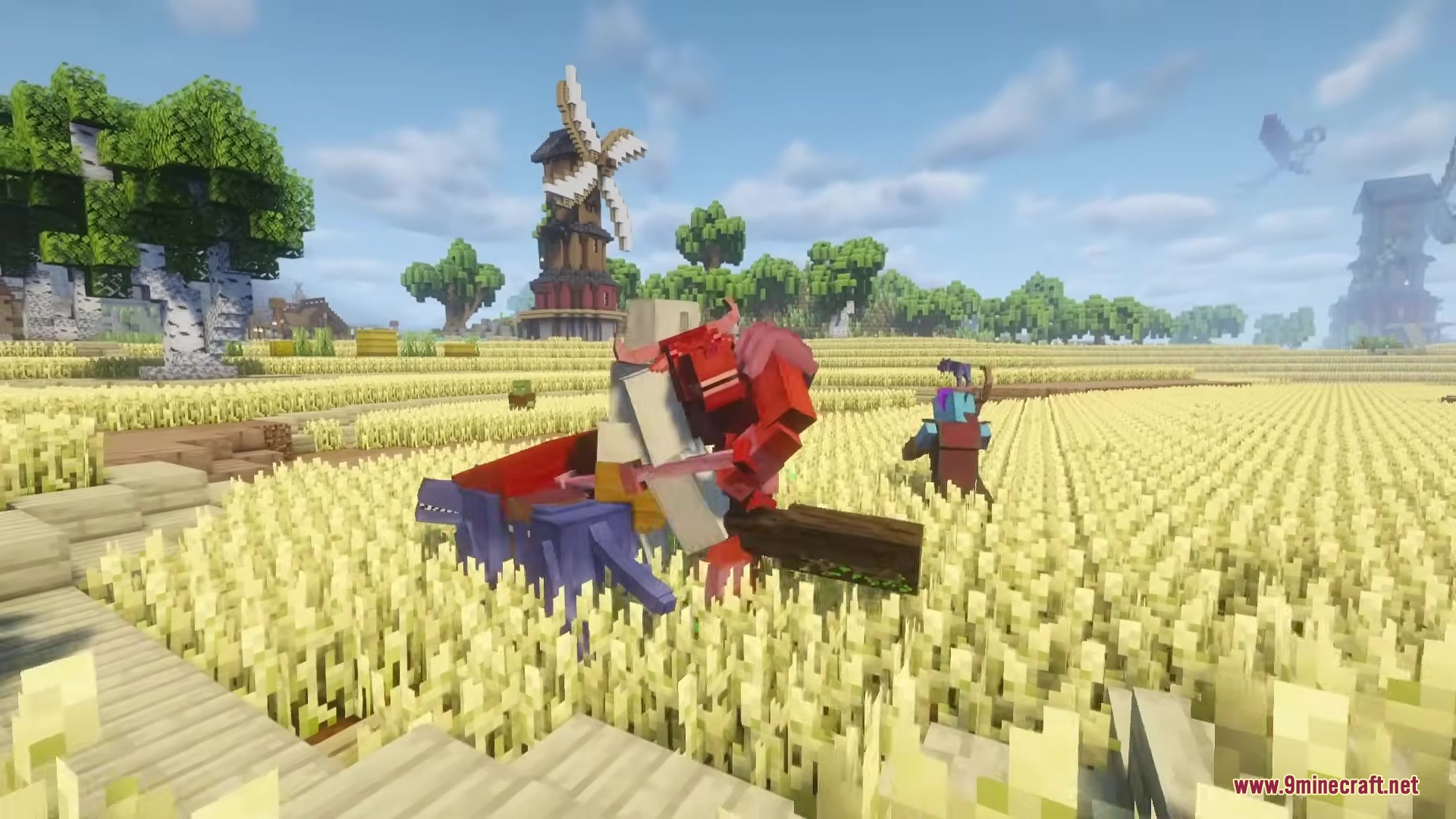 Wandering Orc Mod Screenshot 15 Red orc and blue creature stand in a golden wheat field near a windmill