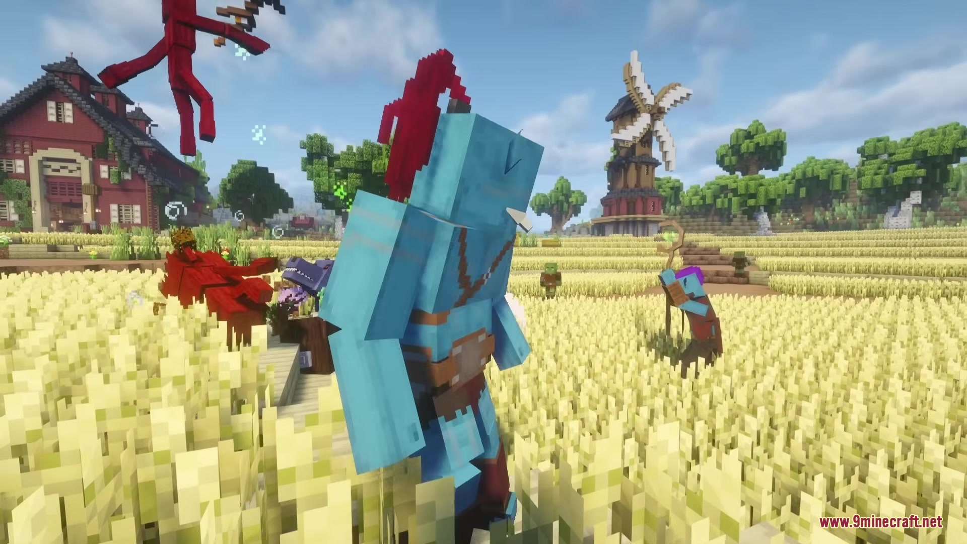 Wandering Orc Mod Screenshot 17 A large blue creature stands in a golden wheat field near a windmill