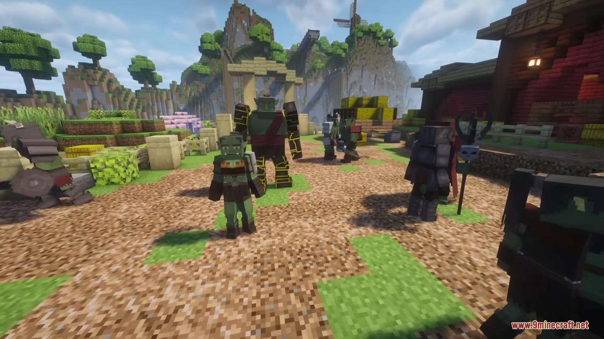 Wandering Orc Mod Screenshot 2 Orc warriors and a dark figure gather near a red building in Minecraft