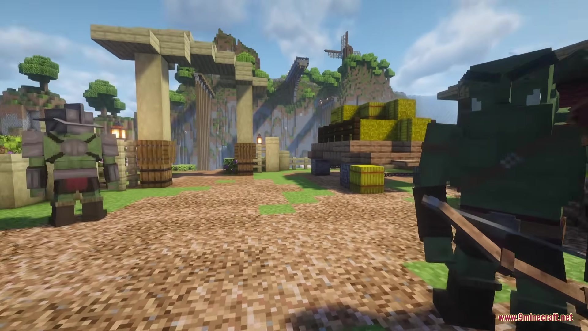 Wandering Orc Mod Screenshot 3 Two orc warriors standing near a wooden structure and hay cart