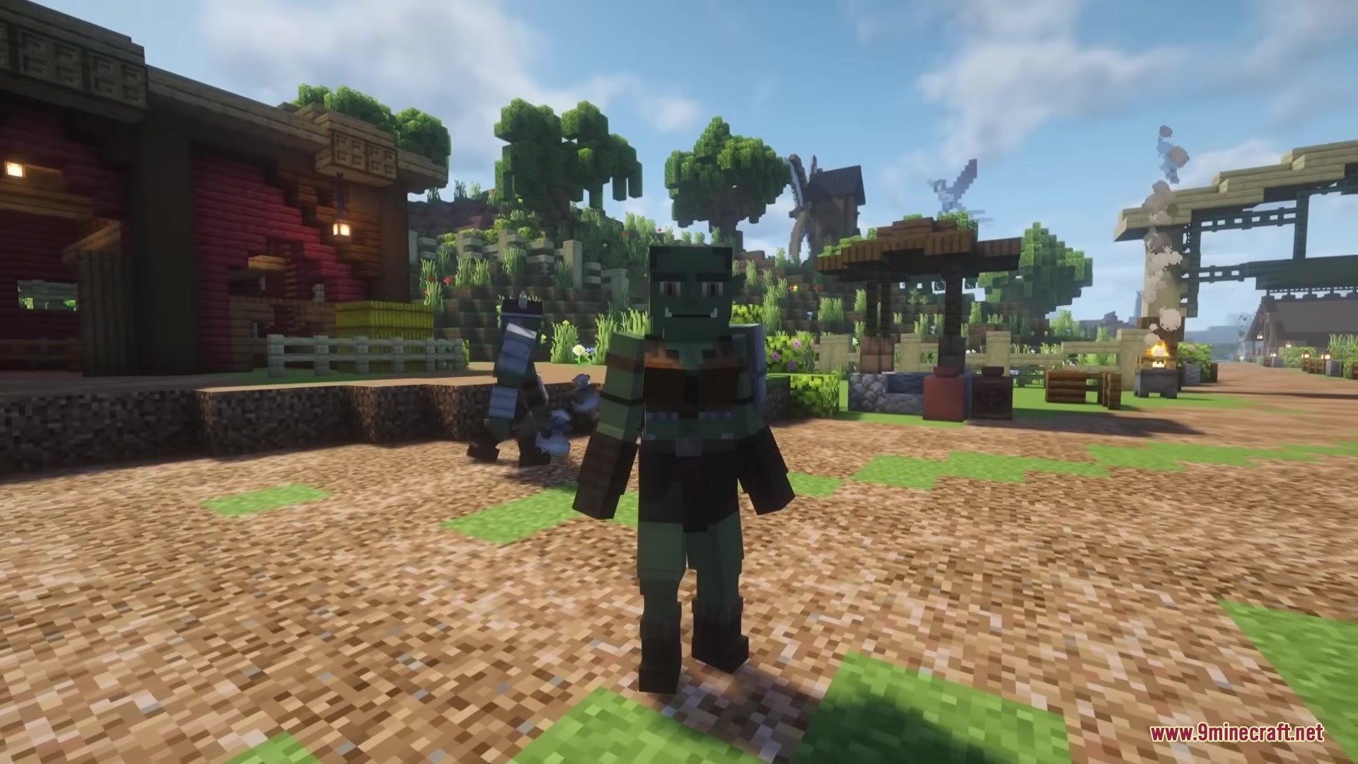Wandering Orc Mod Screenshot 6 A green orc mob standing in a village with a windmill background