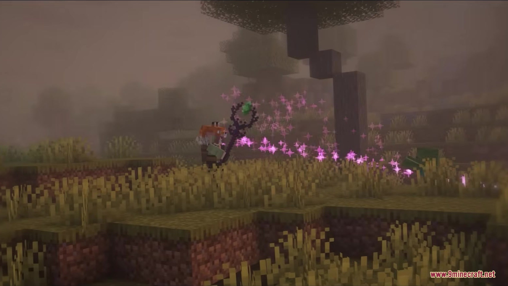 Wandrous Mod Screenshot 13 Character casting pink magic projectiles from a wand in a foggy field