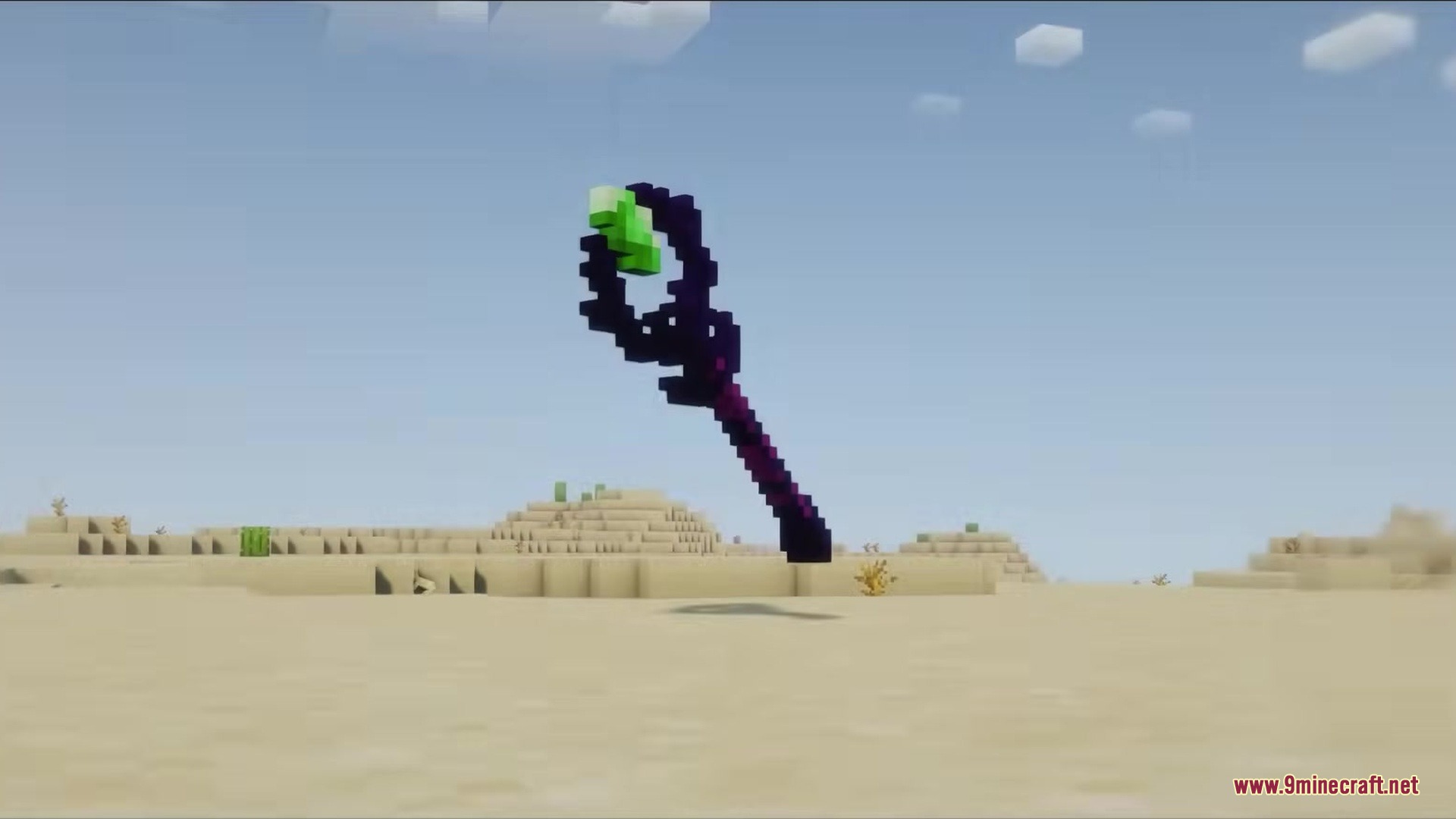 Wandrous Mod Screenshot 2 A floating magical wand with a purple handle and green gem