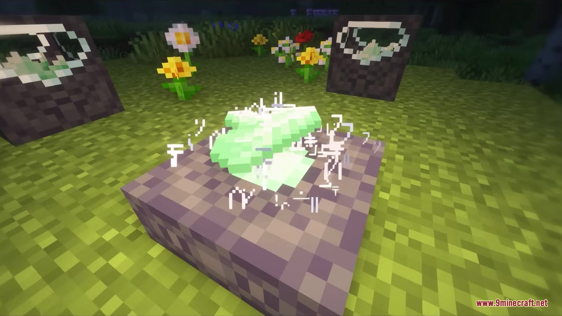 Wandrous Mod Screenshot 4 Glowing green magic item floating above an Arcane Inscriber with particles