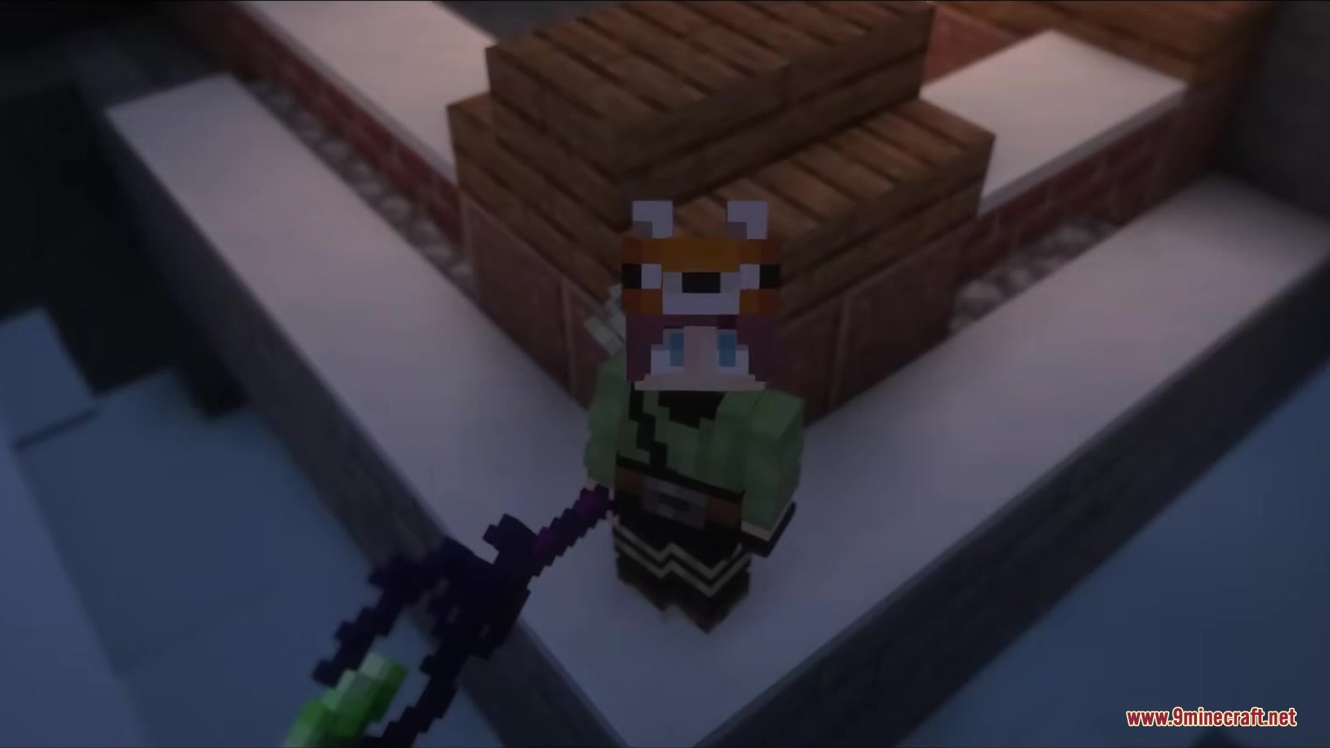 Wandrous Mod Screenshot 5 Minecraft character with fox mask holding a purple magic wand