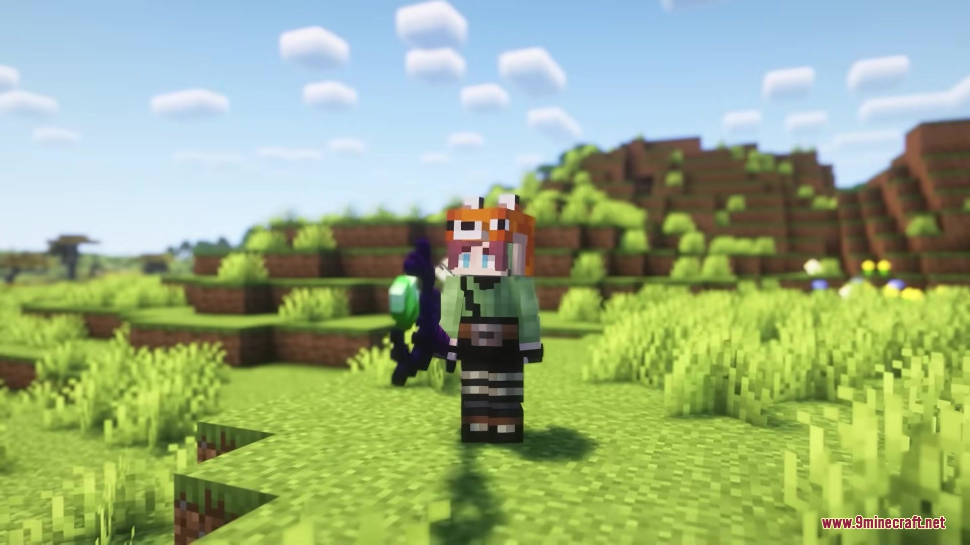 Wandrous Mod Screenshot 7 A player wearing a fox mask stands near a dark purple magical entity
