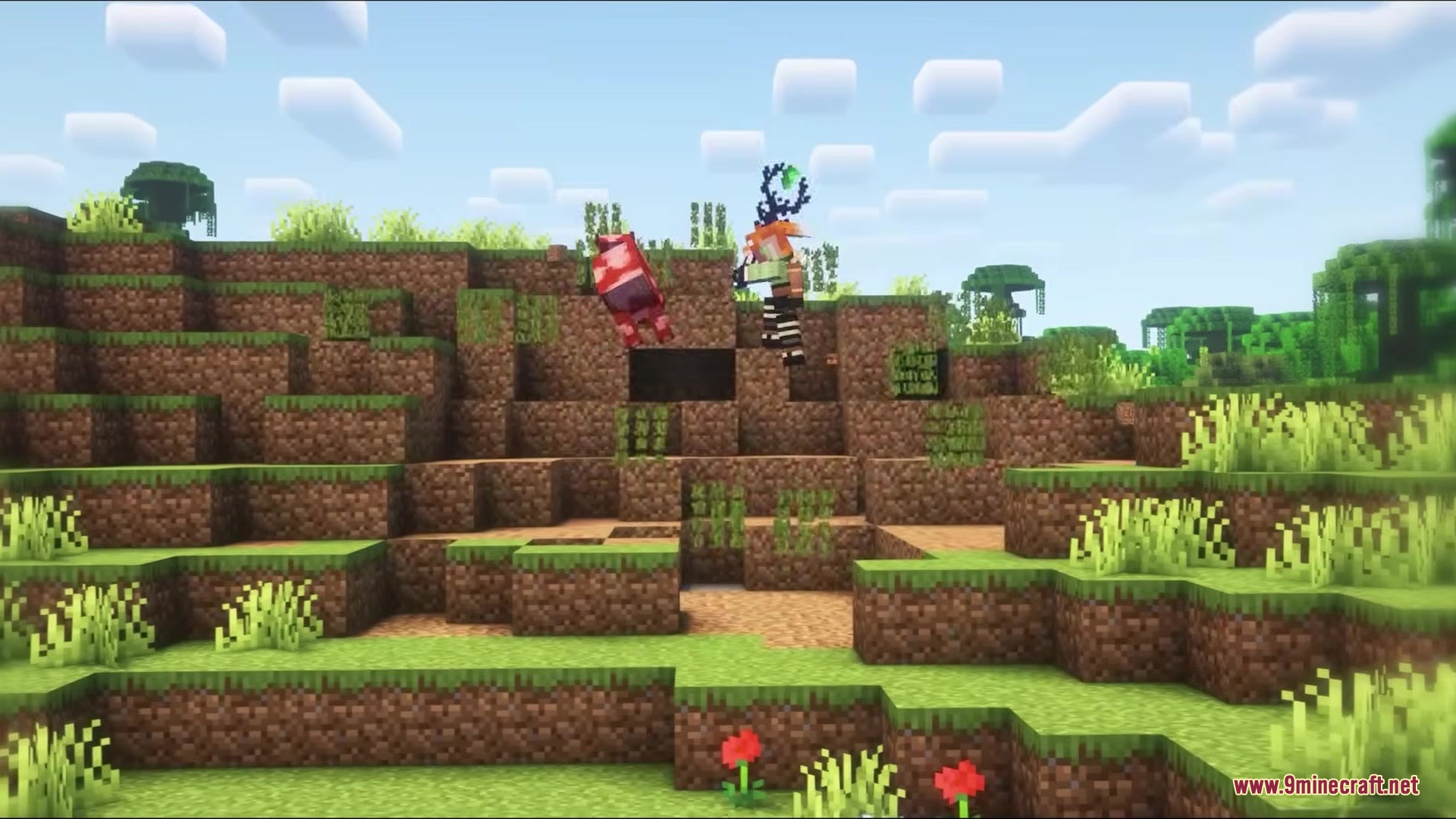 Wandrous Mod Screenshot 8 A character uses a magic wand to attack a red mob while jumping