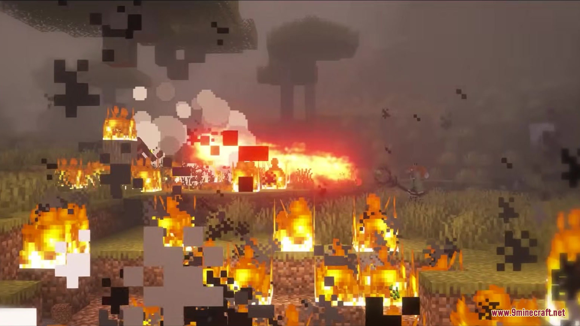 Wandrous Mod Screenshot 9 Magical explosion ignites the landscape with fire and dense smoke particles