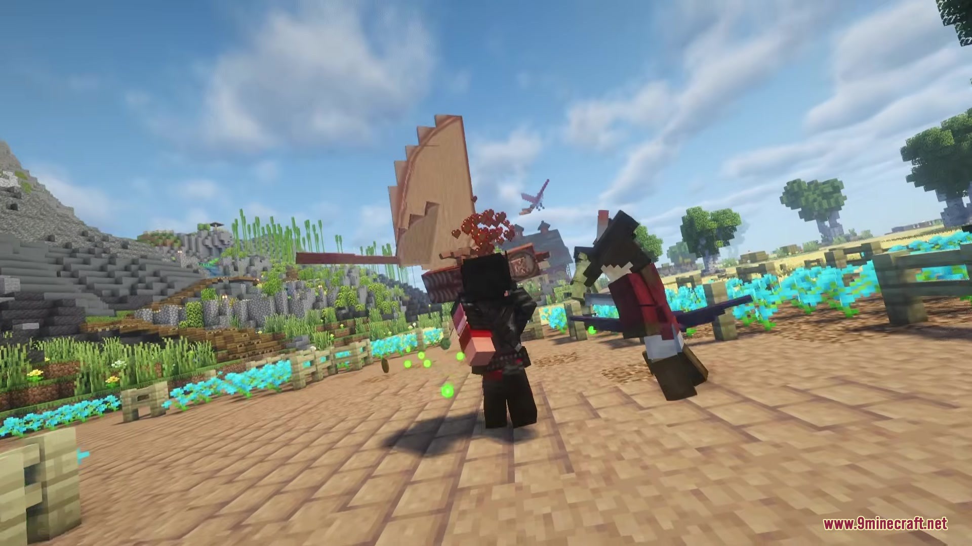 A player character fights a boss with red particles in a village