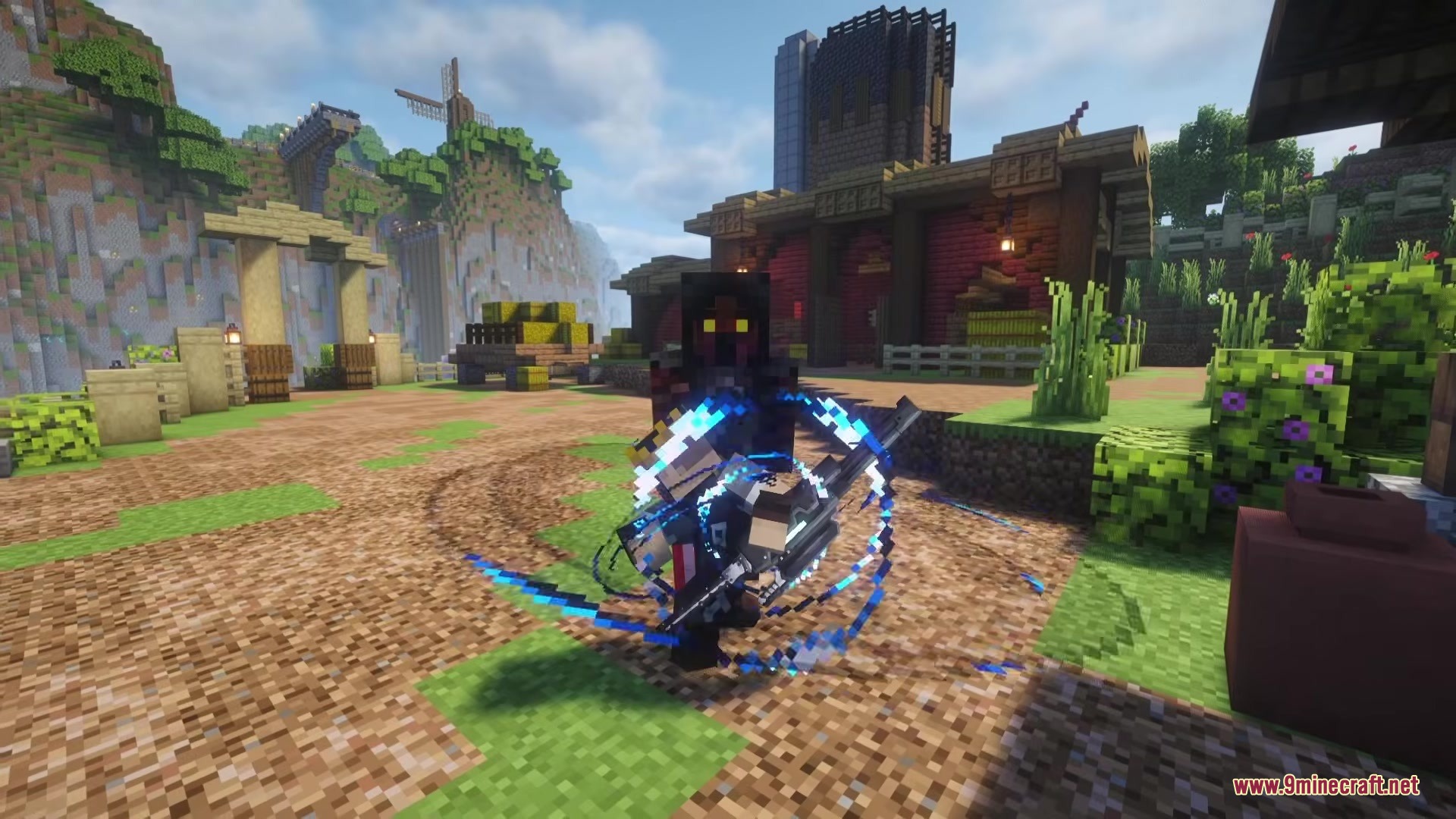 A player character uses a blue glowing magic attack near a building