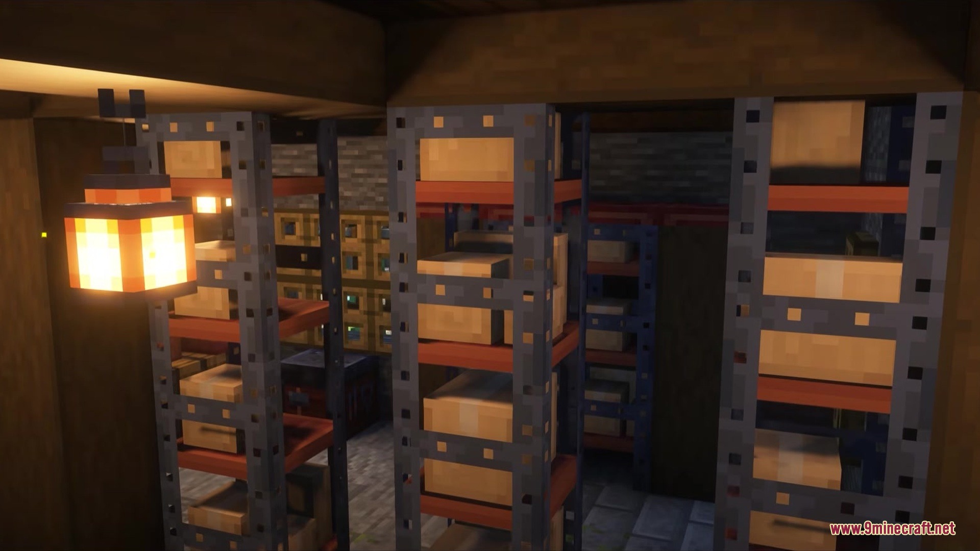 A storage room with shelves holding cardboard boxes and a hanging lantern