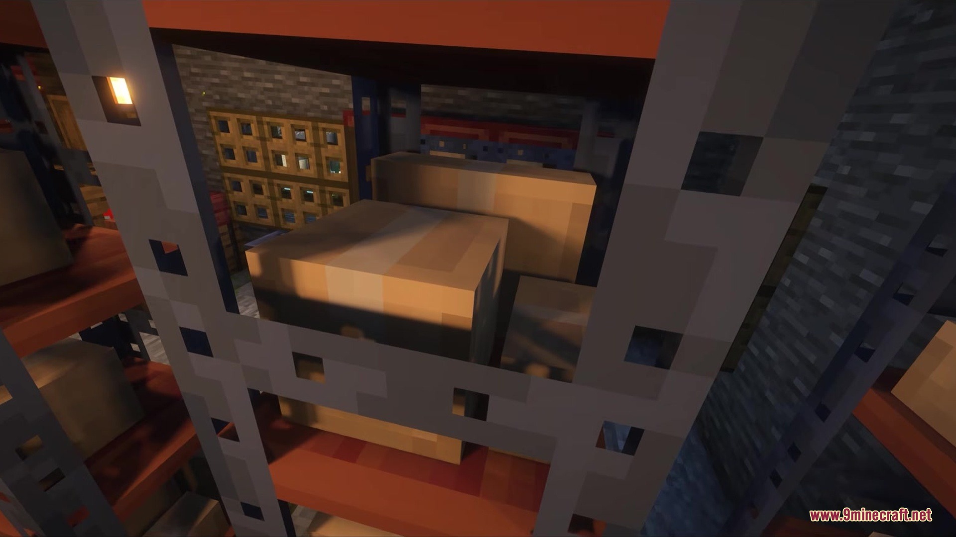 Close up view of cardboard boxes stacked on a shelf for item storage