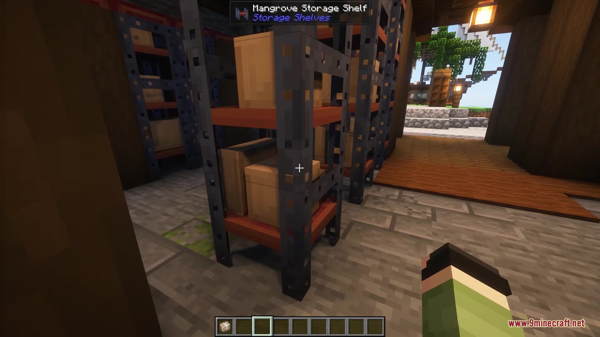 A player looking at cardboard boxes stacked on a mangrove storage shelf