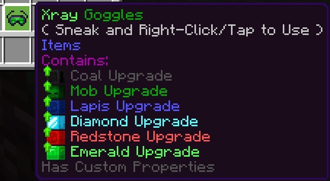 Wan's X-Ray Goggles Addon Screenshot 1 Tooltip for Xray Goggles item showing various resource and mob detection upgrades