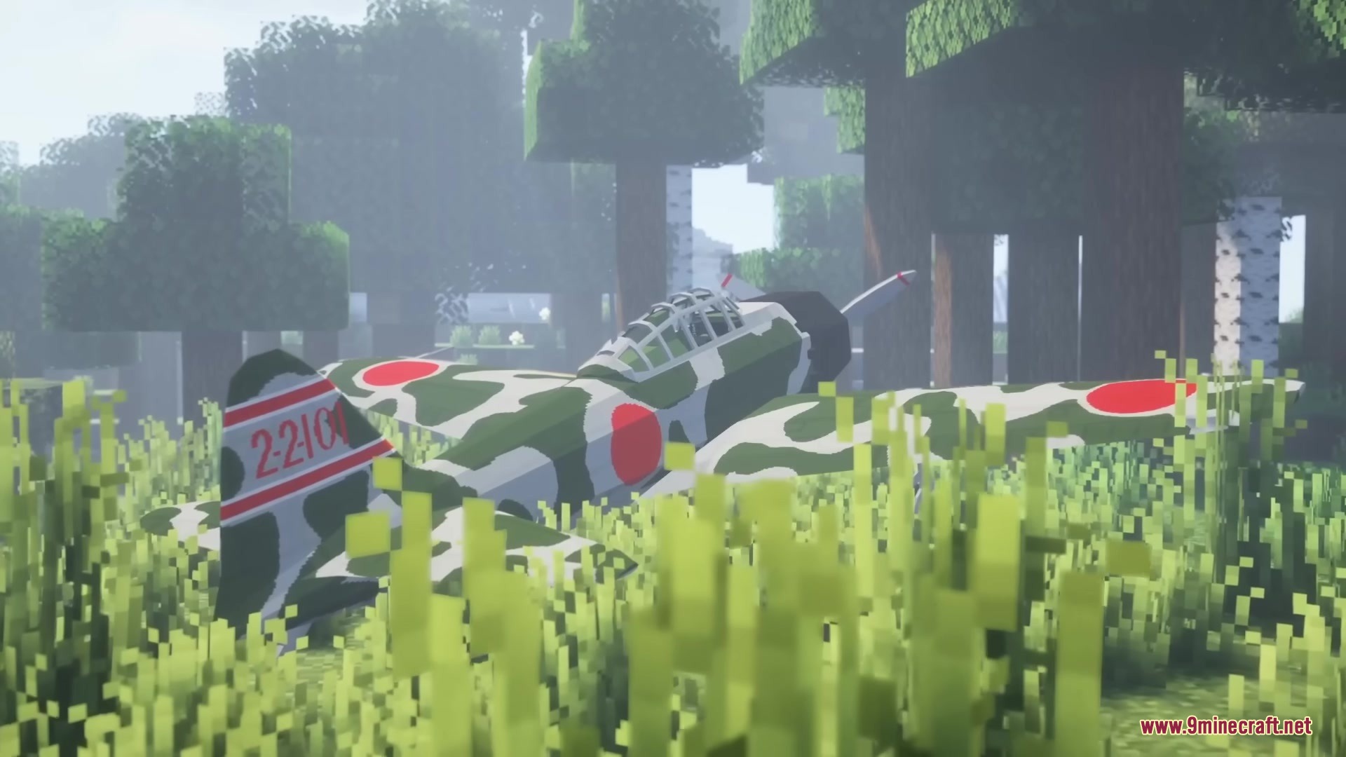 Warfare Wings Mod Screenshot 10 A camouflaged Japanese fighter plane sits among trees in a Minecraft forest