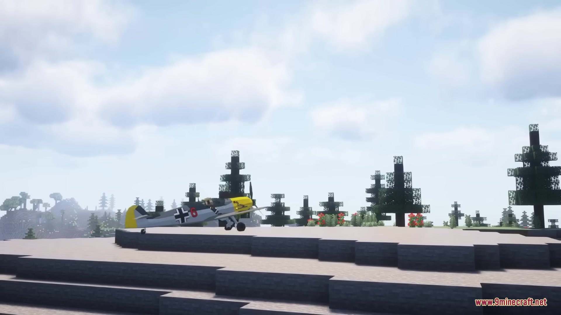 Warfare Wings Mod Screenshot 14 A German fighter plane with a yellow nose sits on a stone plateau