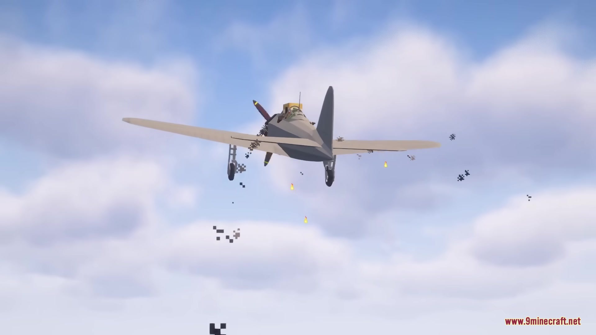 Warfare Wings Mod Screenshot 3 A grey fighter plane flying through the sky with pixelated smoke and debris