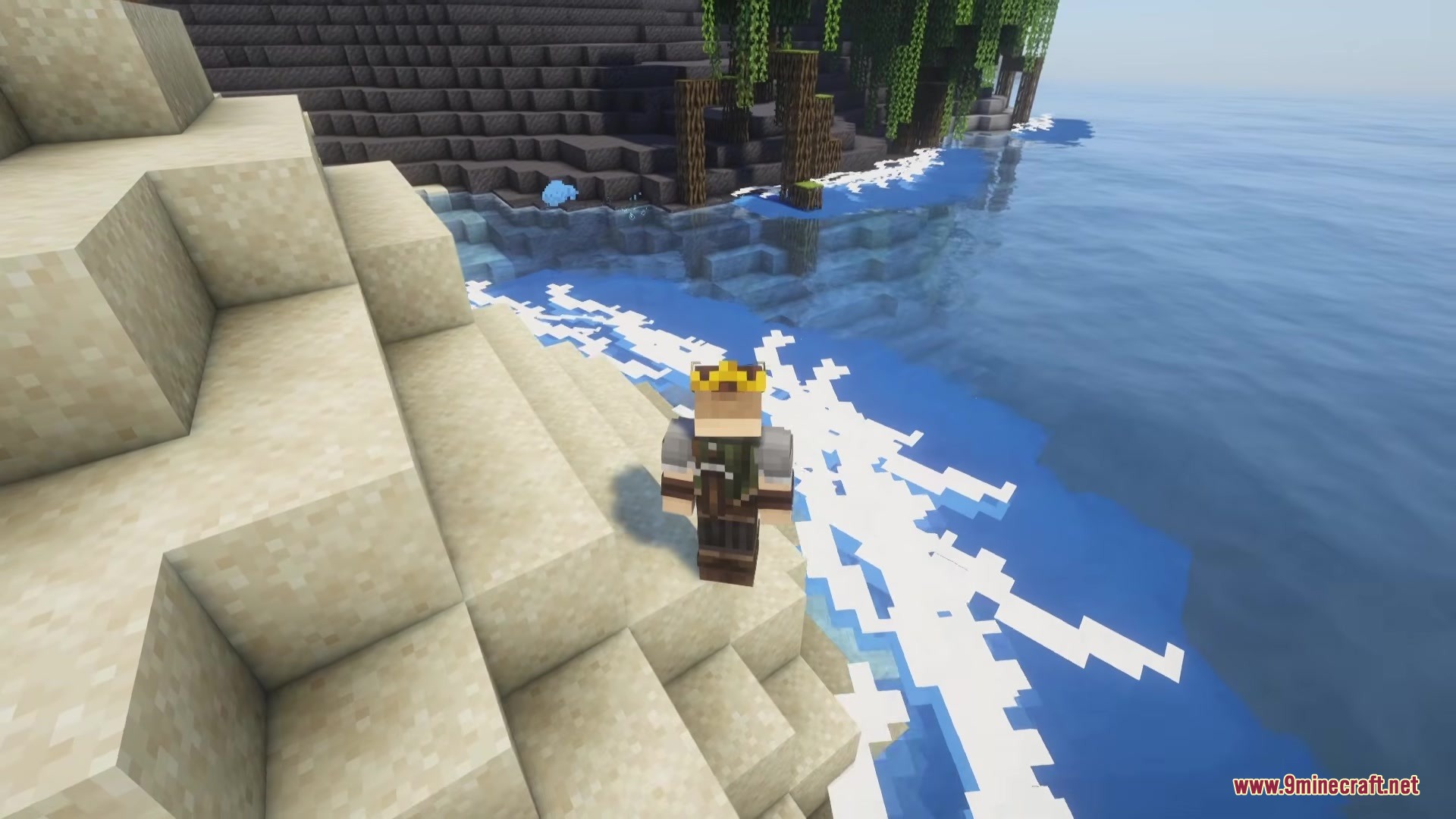 Wavify Mod Screenshot 1 A player wearing a crown looks at white waves on the sandy beach