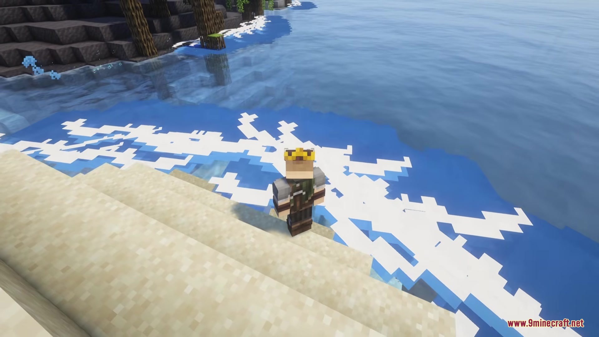Wavify Mod Screenshot 2 The character stands on a sandy slope watching waves crash against the land