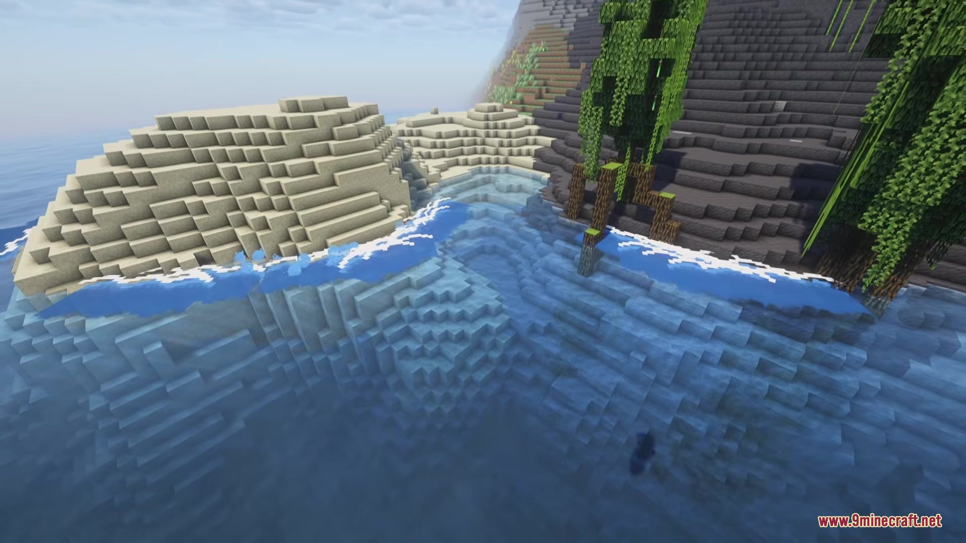 Wavify Mod Screenshot 3 White waves crashing against a sandy beach and mangrove tree roots in Minecraft
