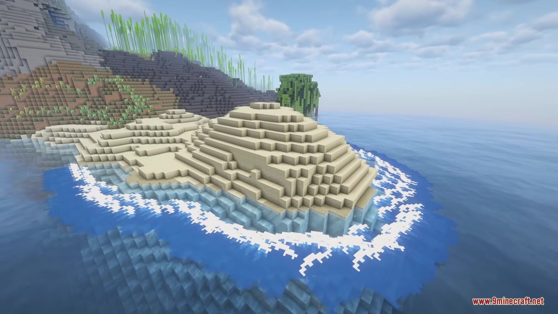 Wavify Mod Screenshot 4 Animated ocean waves with white foam surrounding a small sandy island shore