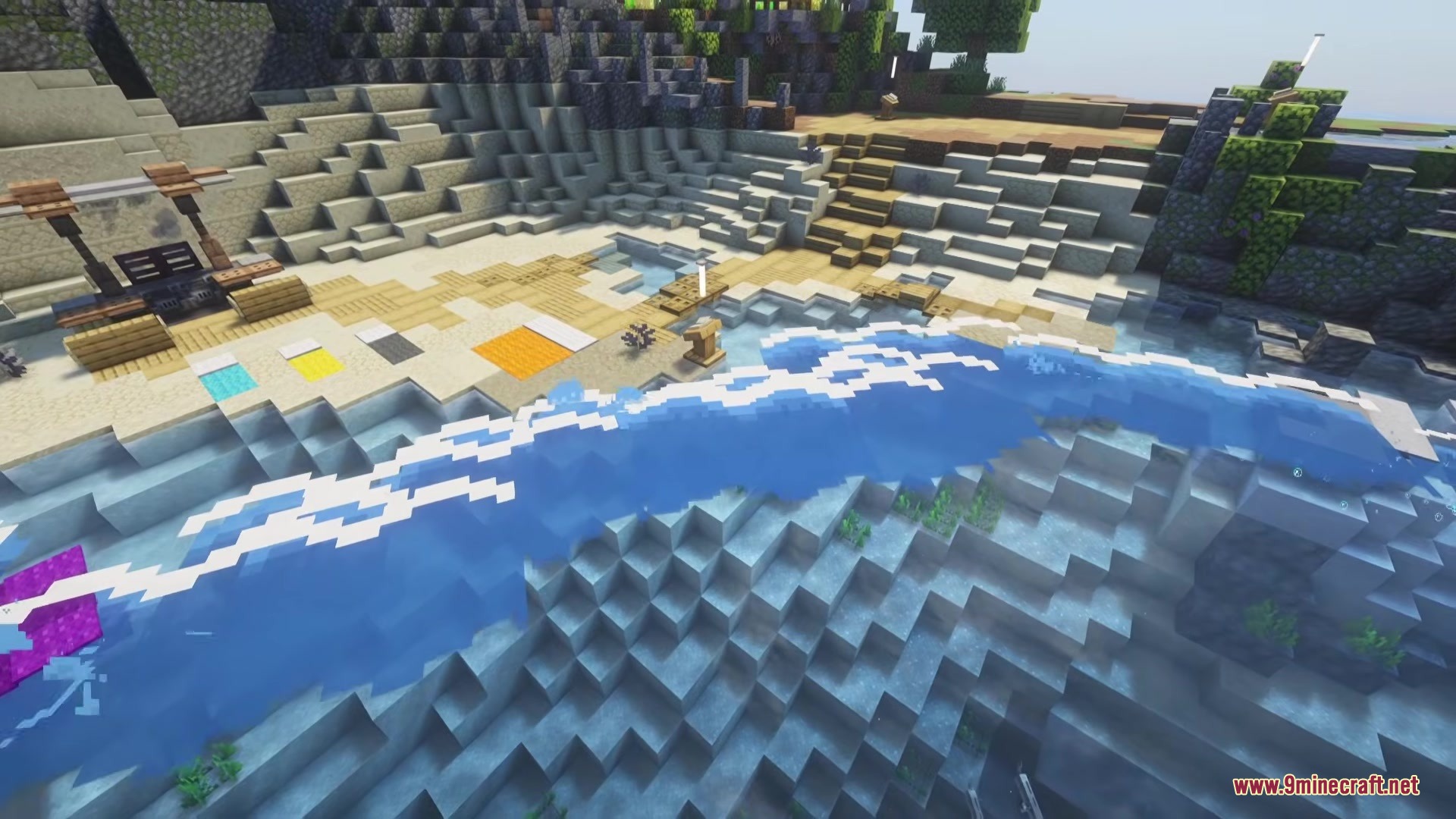 Wavify Mod Screenshot 6 Dynamic water waves washing over a beach area with custom furniture blocks