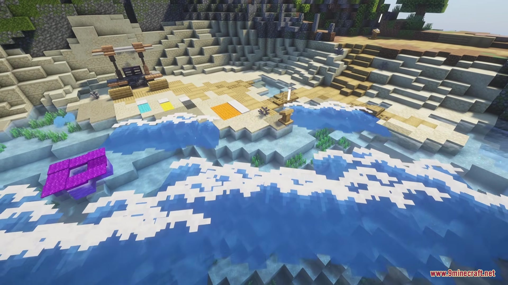 Wavify Mod Screenshot 7 Moving water waves crash against the shore of a sandy Minecraft beach biome