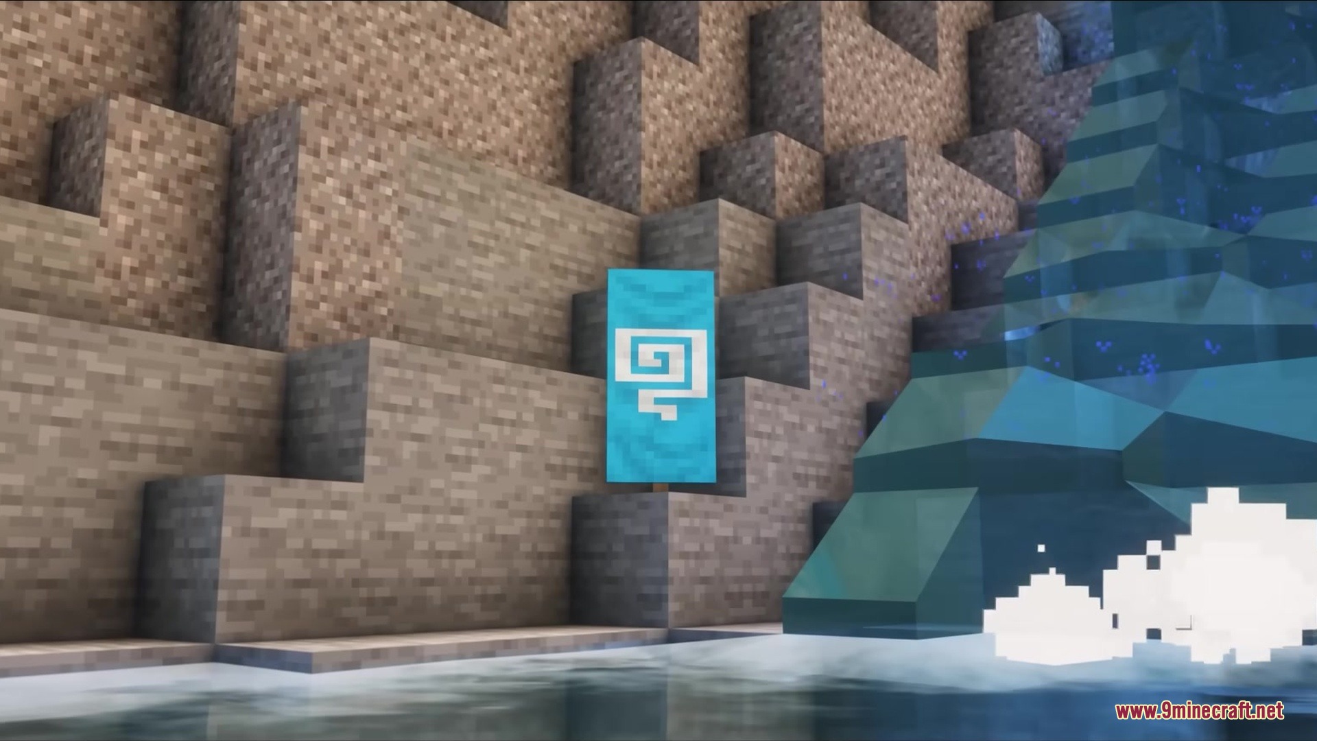 A light blue banner with a white pattern placed next to a waterfall