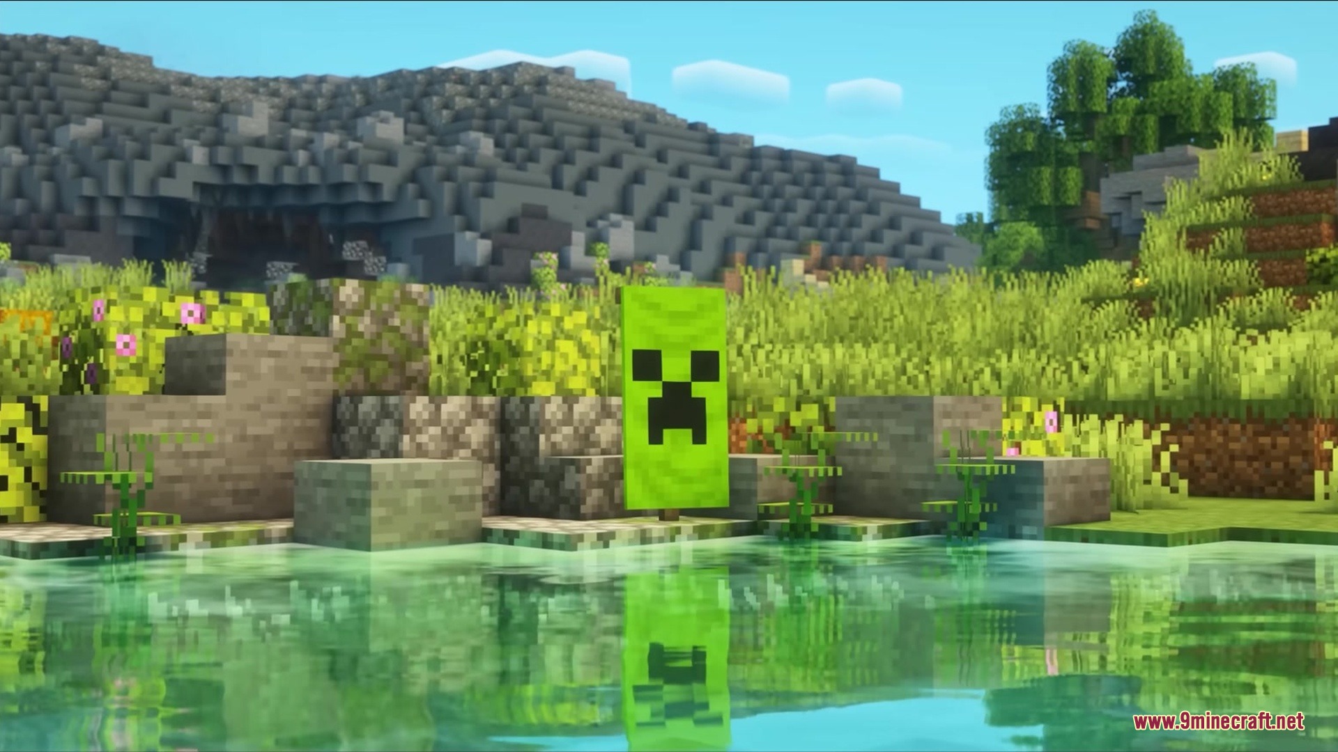 A lime green banner with a creeper face pattern reflected in the water