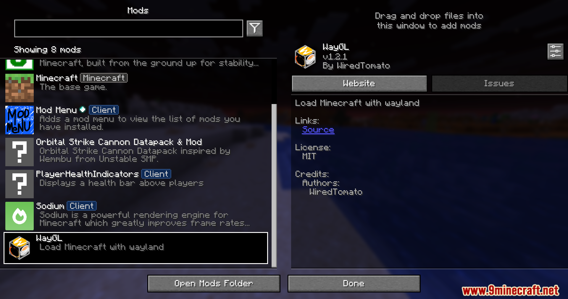 WayGL Mod Screenshot 1 The mod menu interface showing WayGL selected among other installed client mods