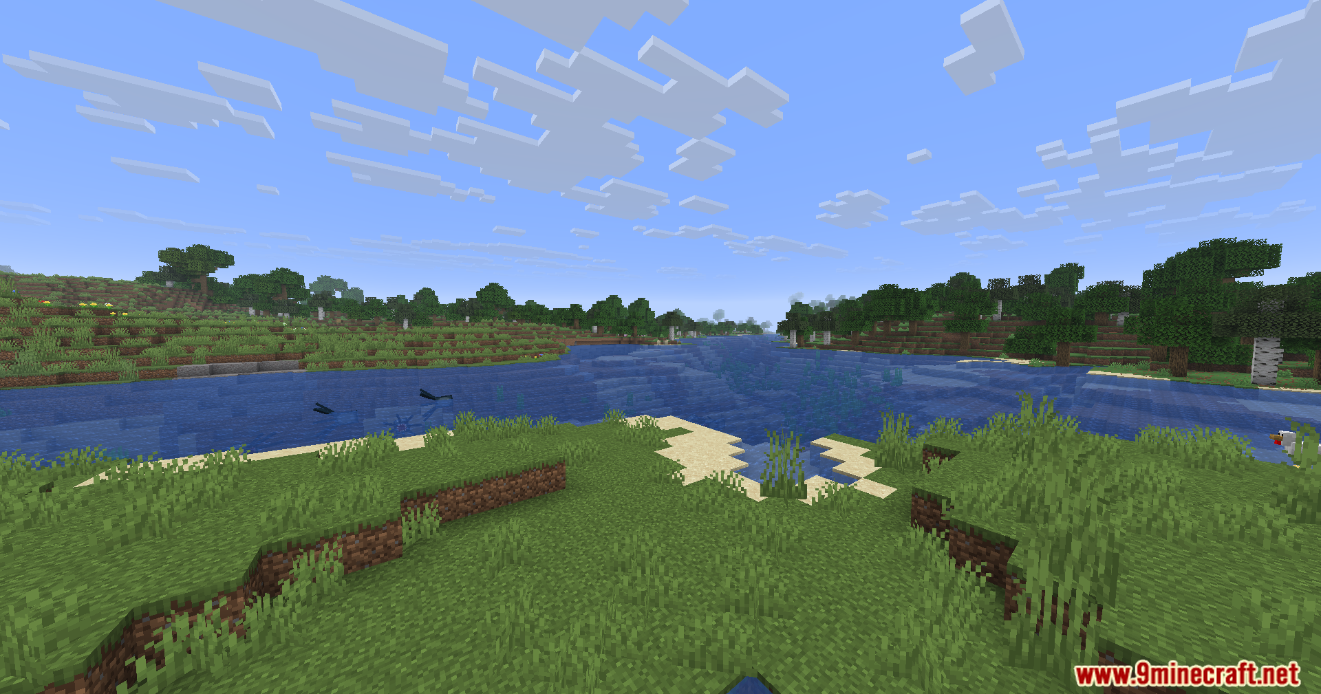 WayGL Mod Screenshot 10 A scenic river flowing through a forest biome in a Minecraft world