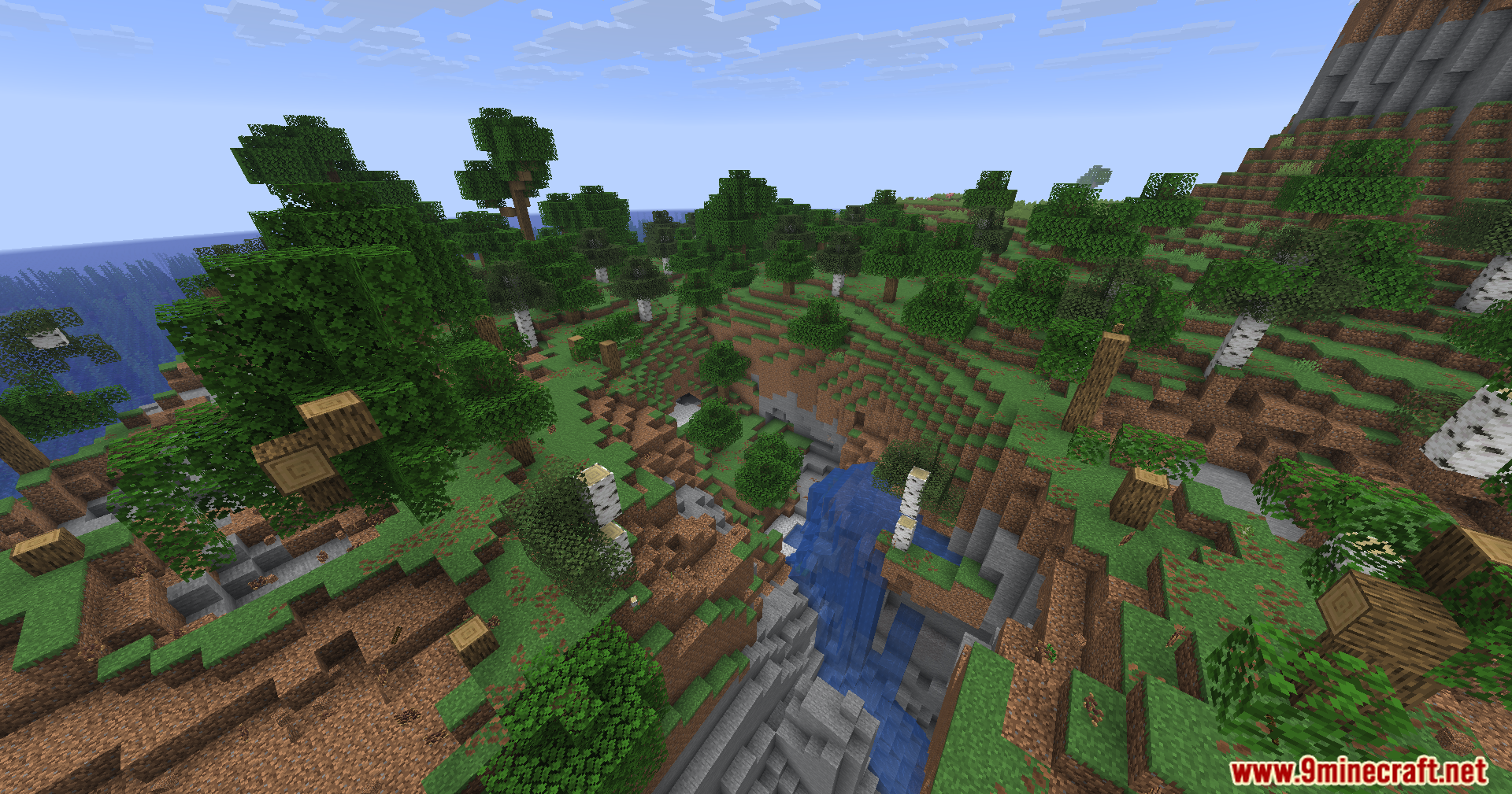 WayGL Mod Screenshot 2 A scenic Minecraft landscape featuring lush green trees and a small flowing waterfall