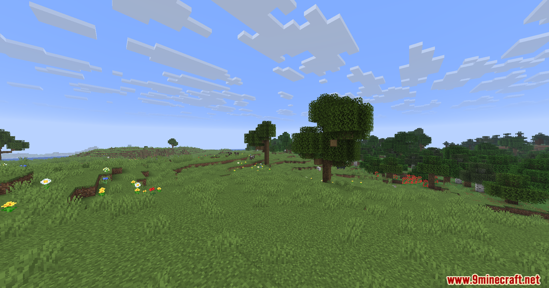 WayGL Mod Screenshot 6 A wide open grassy plain with scattered oak trees and colorful flowers