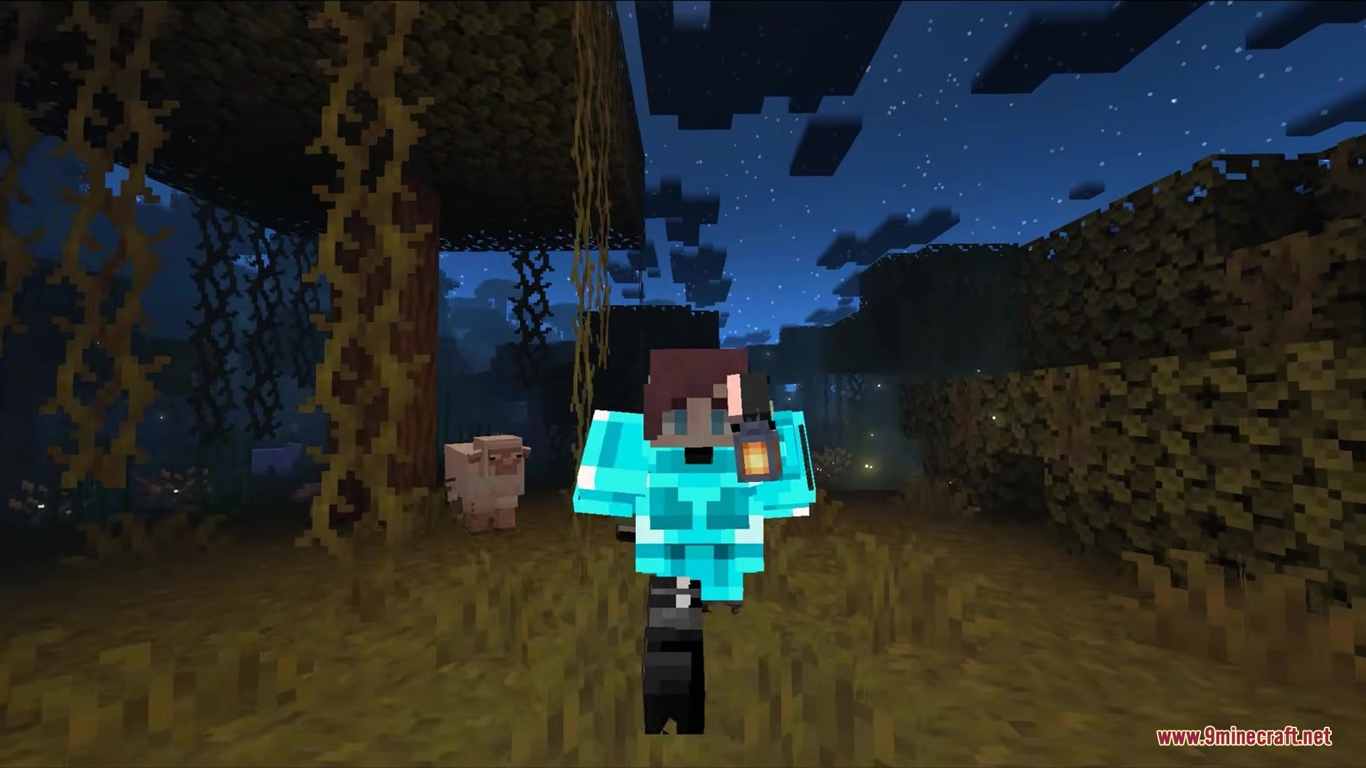 Waylight Mod Screenshot 1 A player wearing diamond armor with a glowing lantern from Waylight mod