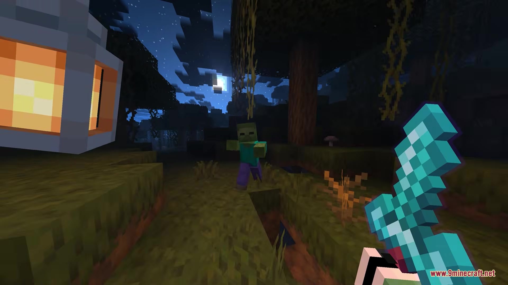 Waylight Mod Screenshot 2 First person view of a player holding a diamond sword facing a zombie