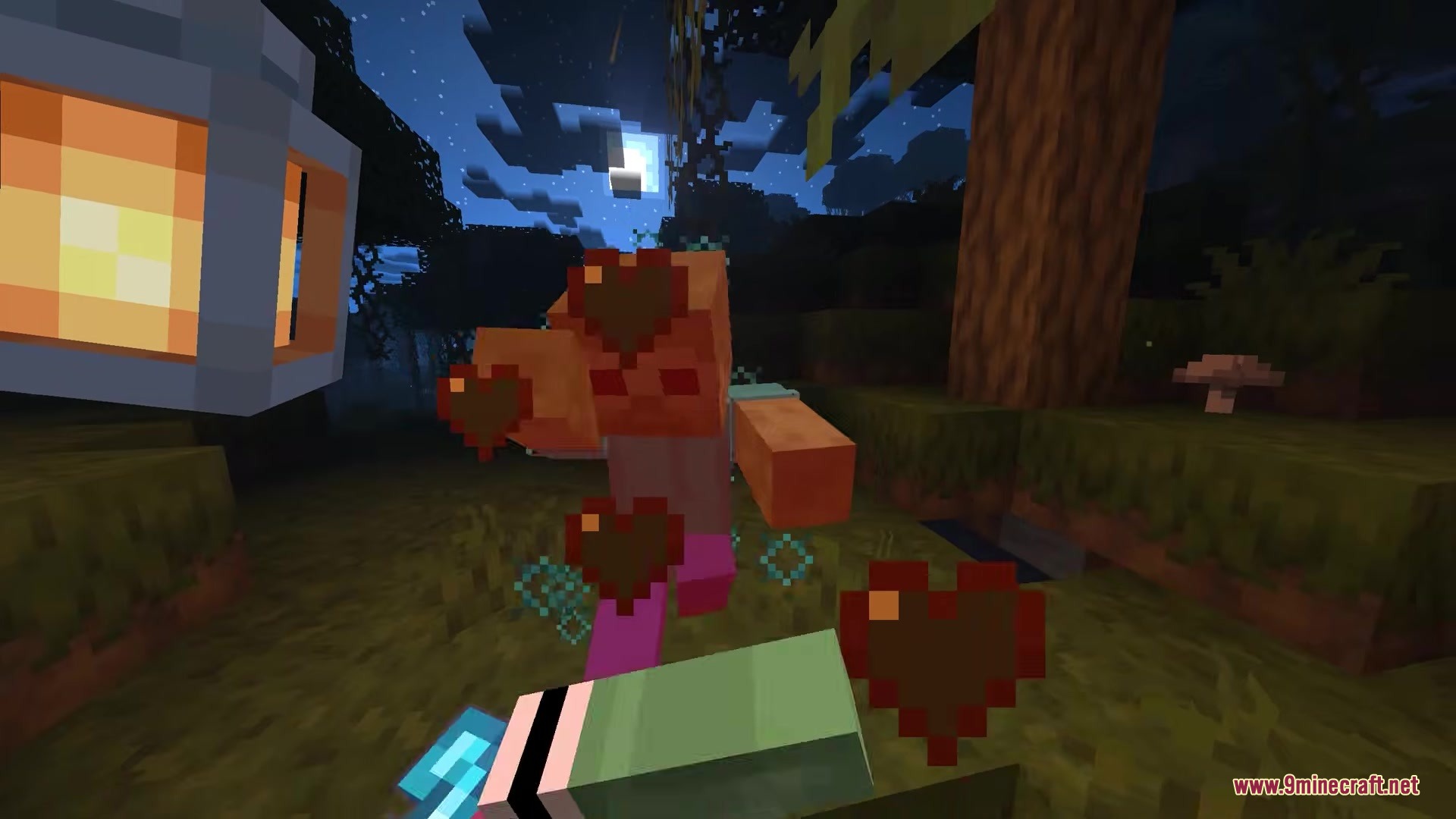 Waylight Mod Screenshot 3 A zombie attacking a player in a dark forest with a glowing lantern
